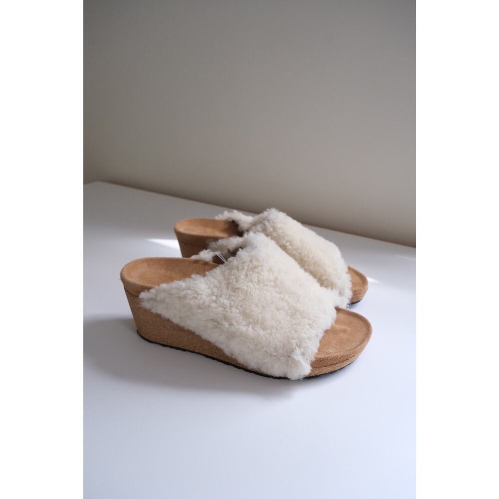 Papillio Birkenstock NWT Womens Lana Shearling Slide Sandals 8/EU 39 Cream Cork